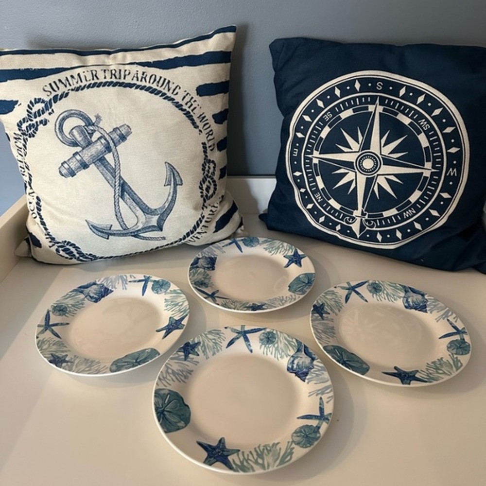 Nautical  Beach Theme Starfish Side Salad Ceramic Plates Blue White